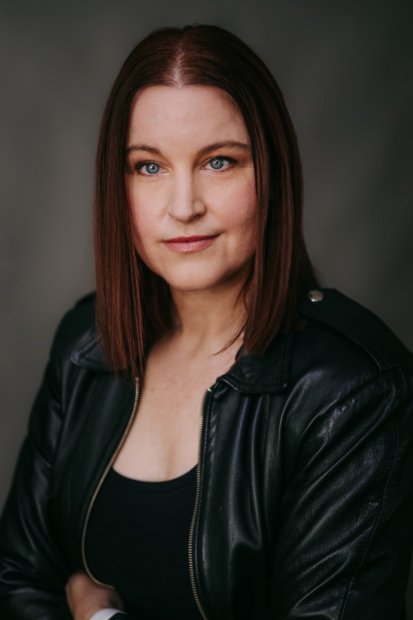 Sumara Meers, Australian actor, in black leather jacket